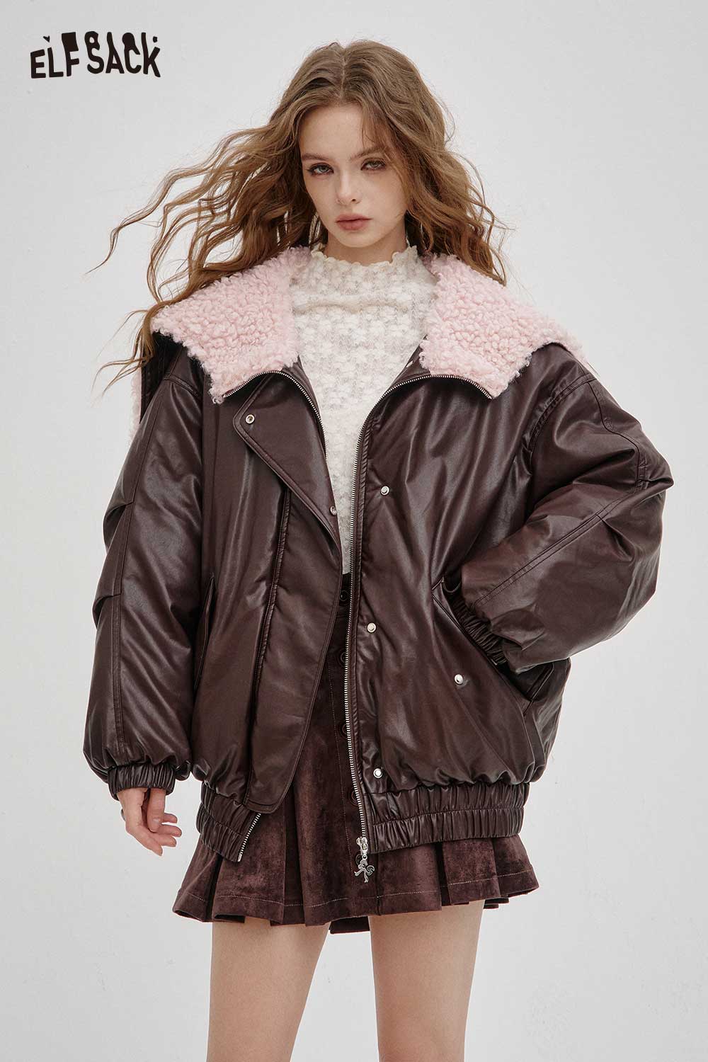 ELFSACK Y2K Casual Loose PU Leather Plush Collar Jacket