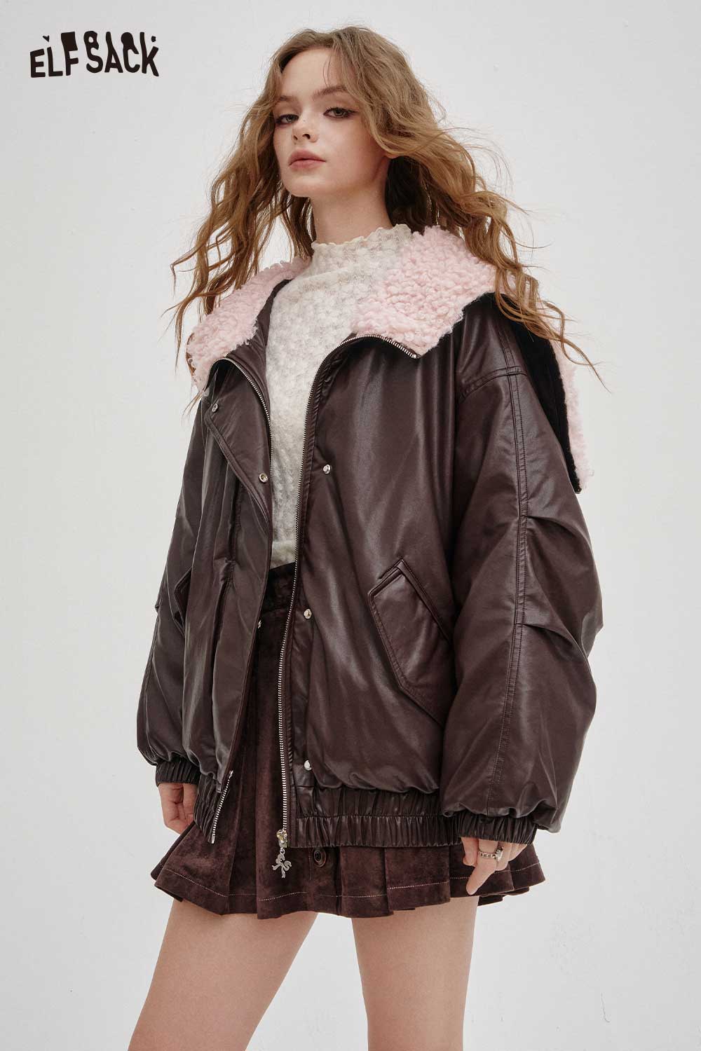 ELFSACK Y2K Casual Loose PU Leather Plush Collar Jacket