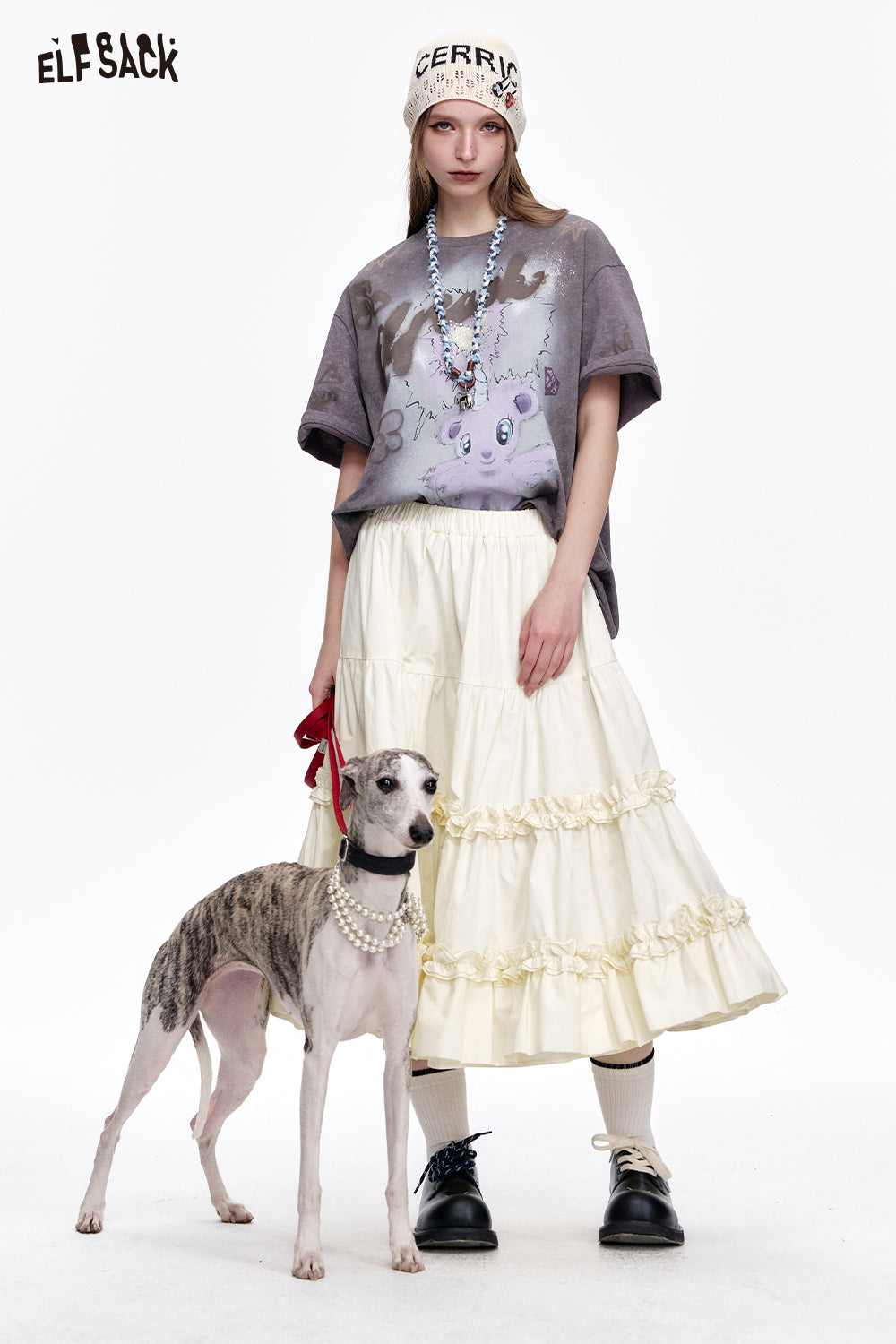 ELFSACK Preppy Style High Waist A-line White Pleated Skirt Women's Versatile Solid Color Cotton Long Skirt