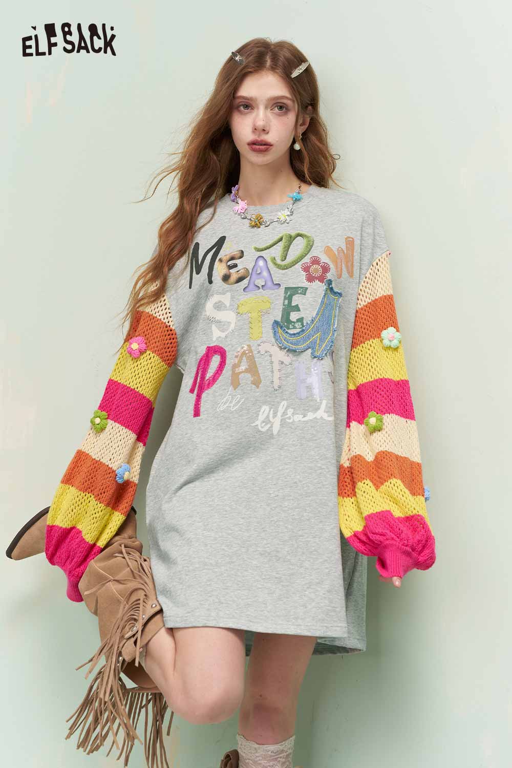 ELFSACK Striped Sleeve Dress with Embroidery & Patches