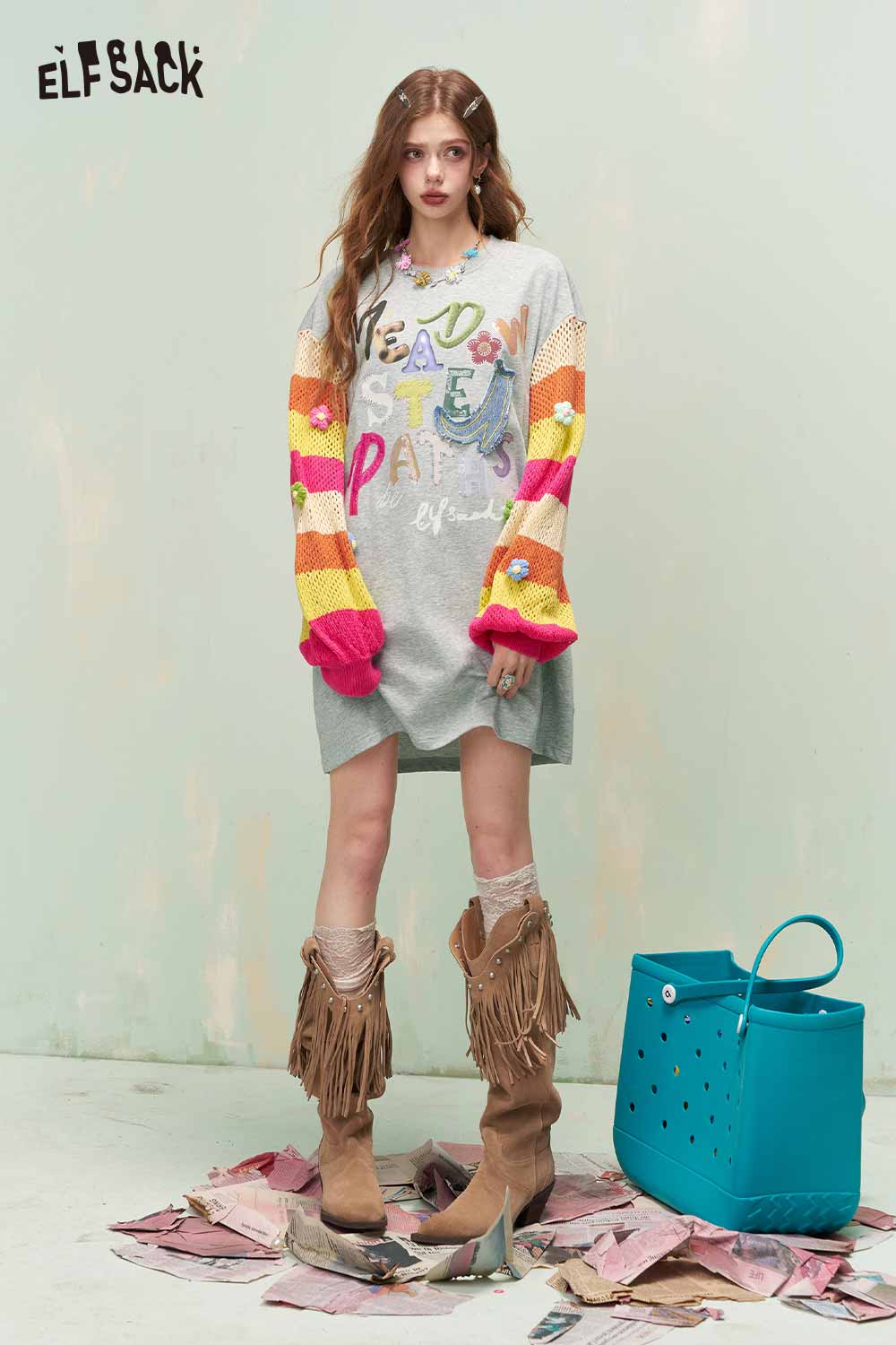 ELFSACK Striped Sleeve Dress with Embroidery & Patches
