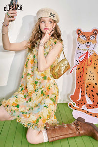 ELFSACK Artistic Floral Print Dress with Ruffled Trim