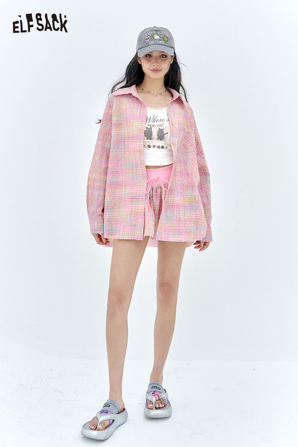 ELFSACK Pastel Check Shirt & Puff Hem Culottes Set