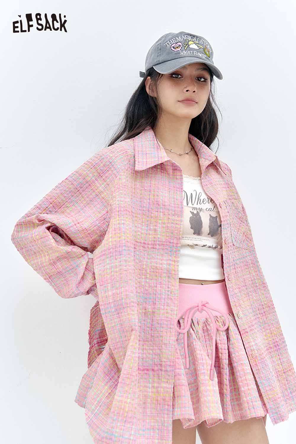 ELFSACK Pastel Check Shirt & Puff Hem Culottes Set