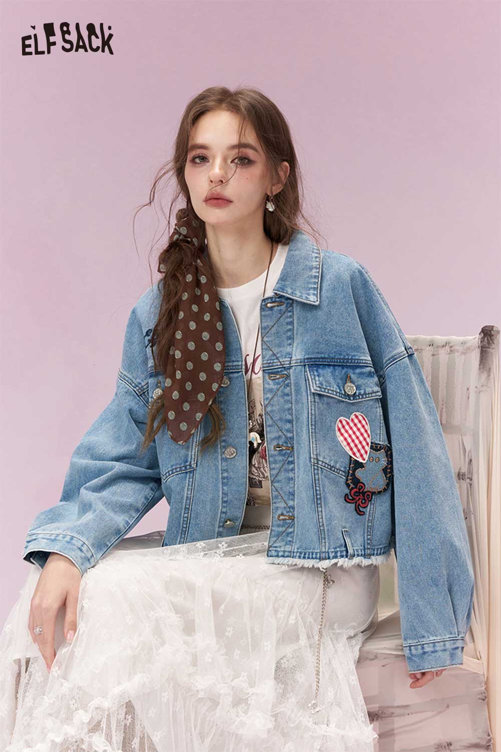 ELFSACK Denim Jacket with Patches Embroidery & Raw Hem