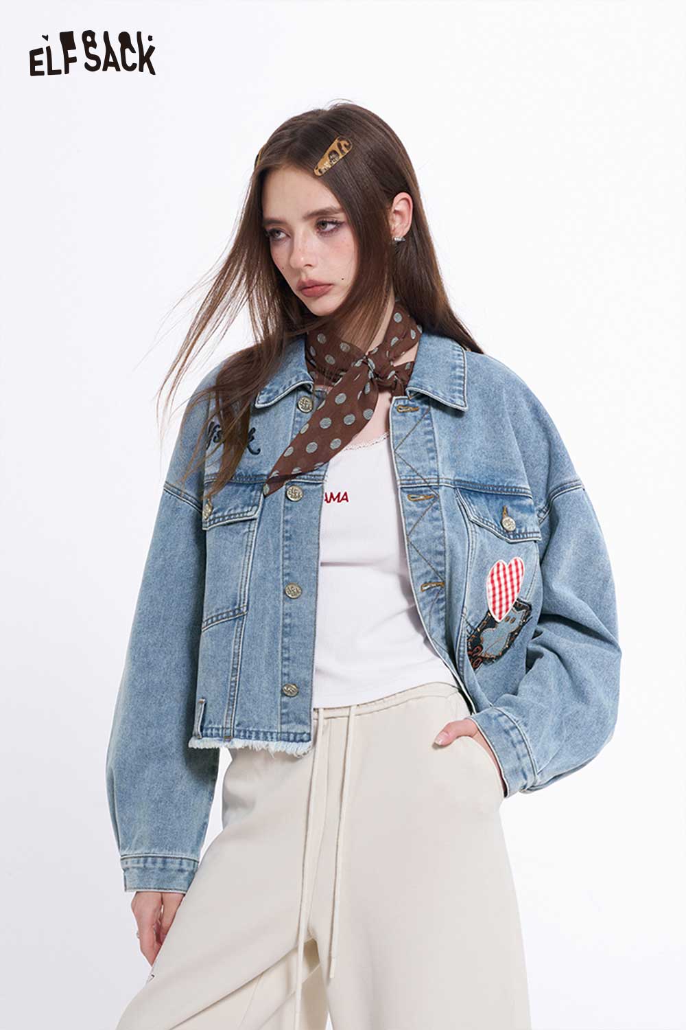 ELFSACK Denim Jacket with Patches Embroidery & Raw Hem