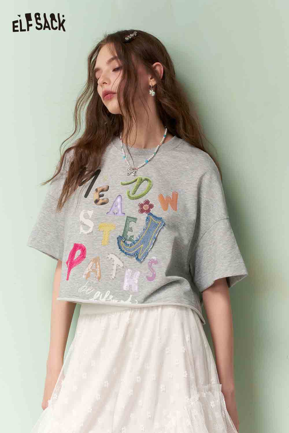 ELFSACK Graphic Tshirt with Embroidery & Denim Patch