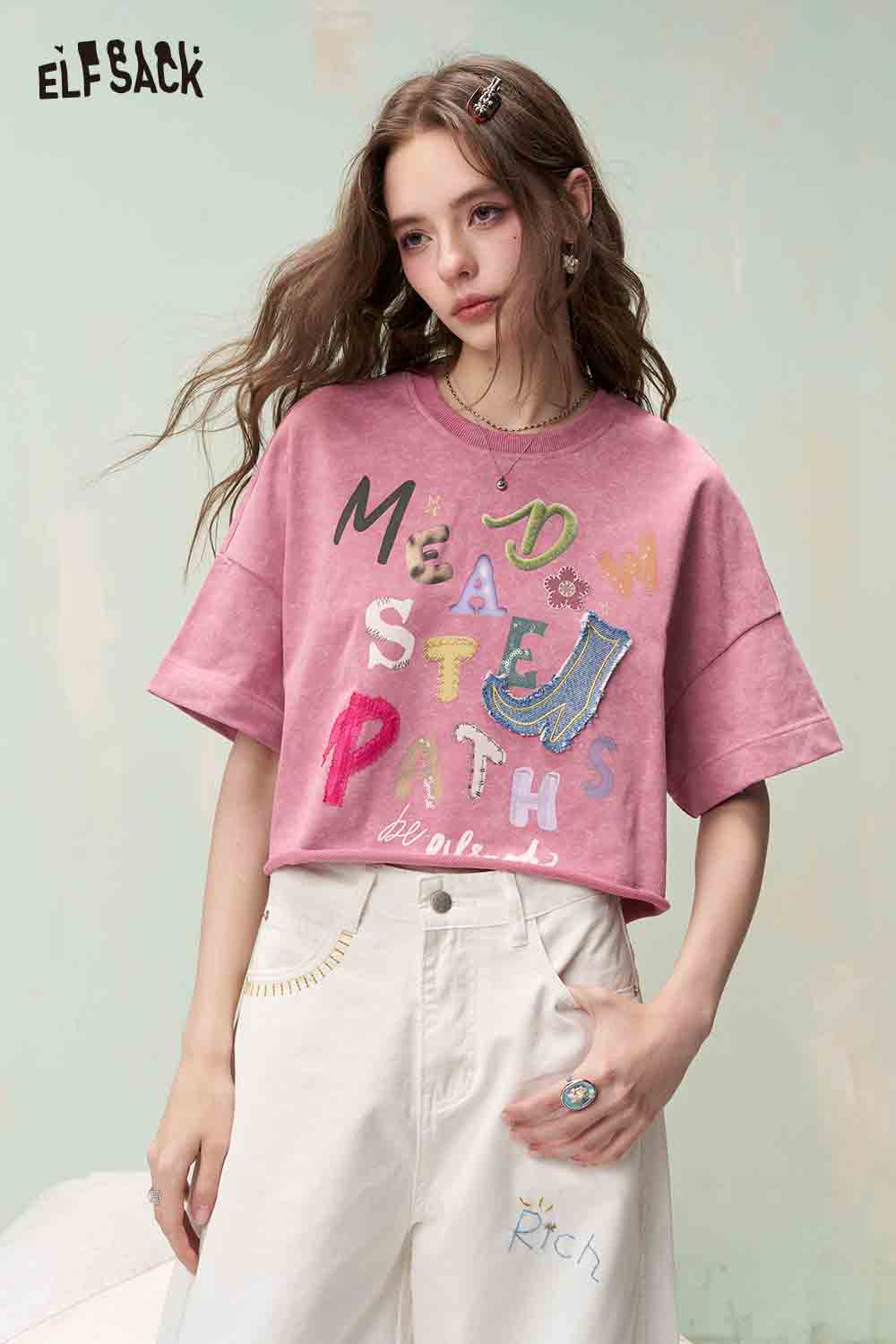 ELFSACK Graphic Tshirt with Embroidery & Denim Patch
