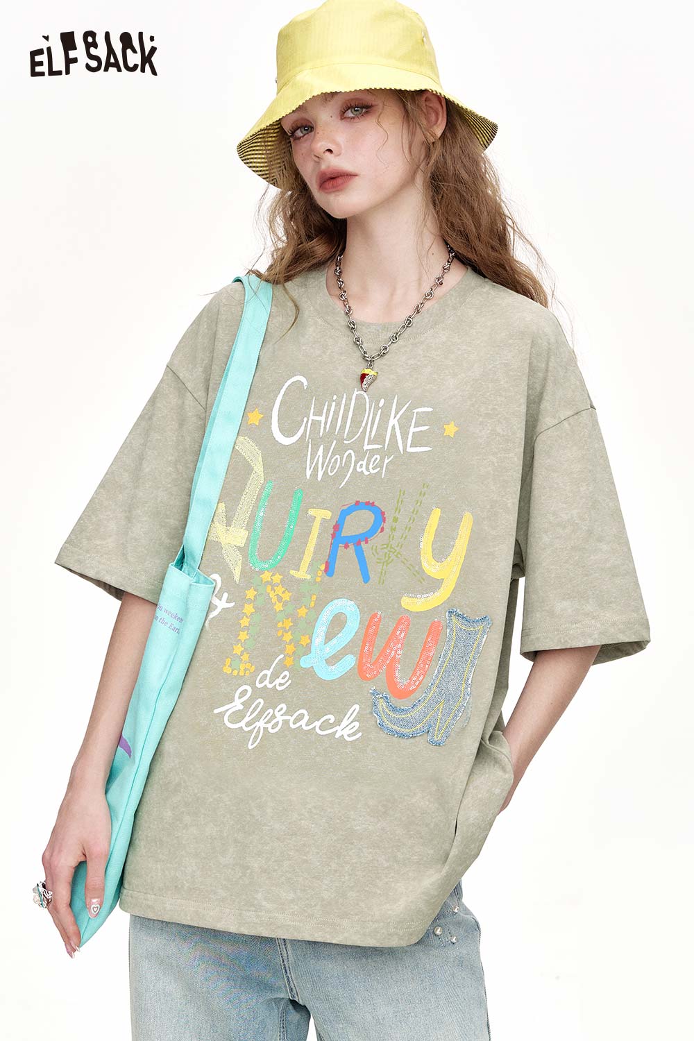ELFSACK Vintage Washed T-Shirt with Embroidery