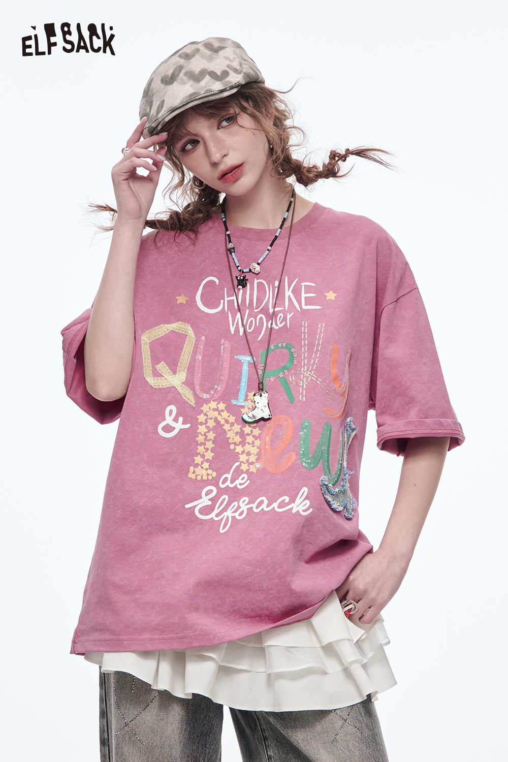 ELFSACK Vintage Washed T-Shirt with Embroidery