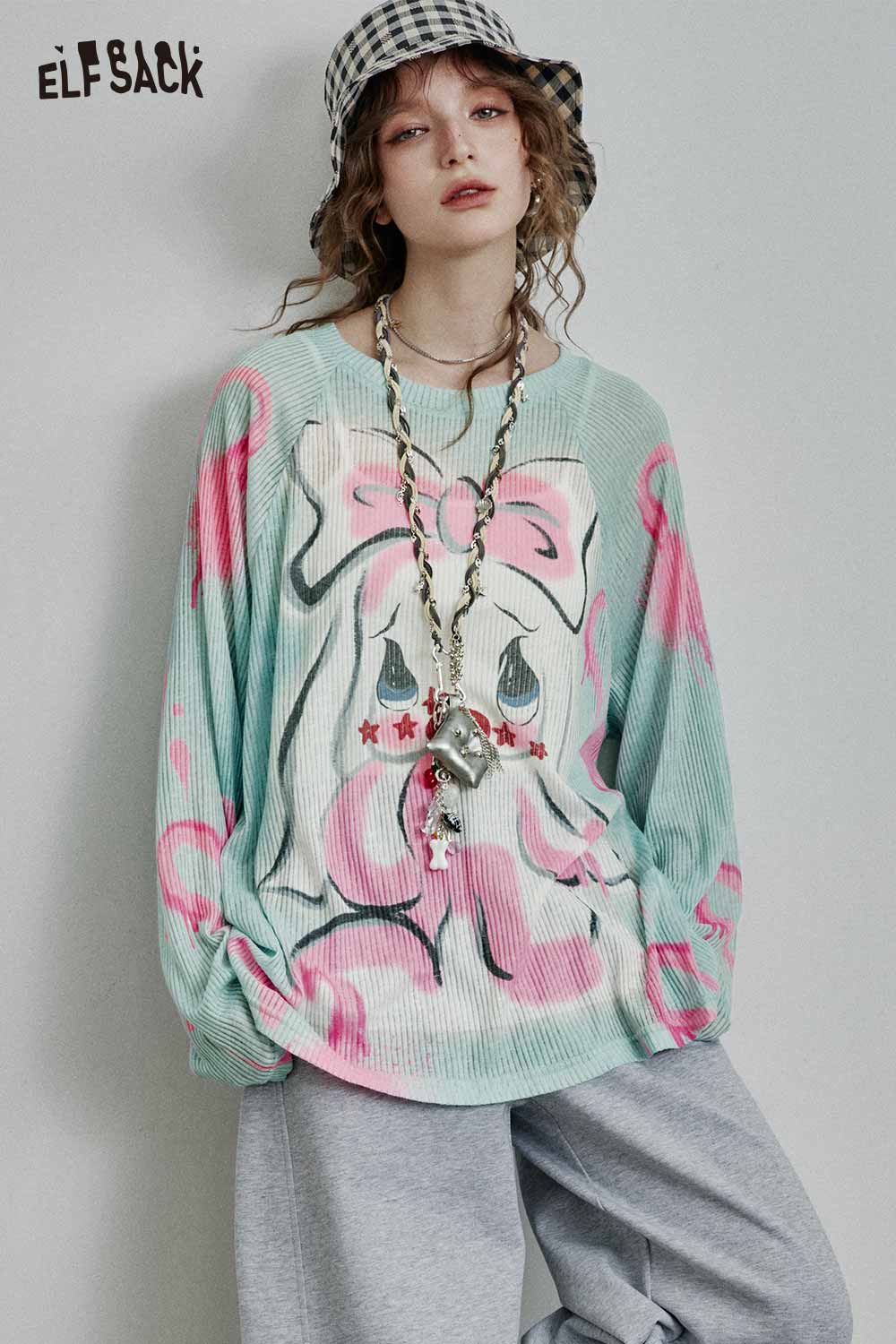 ELFSACK Y2K Graphic Knit Sweater with Cartoon Bow Print