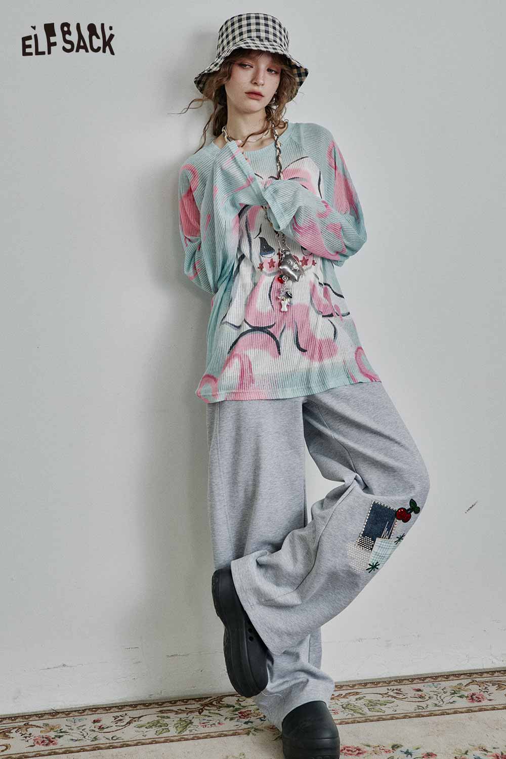 ELFSACK Y2K Graphic Knit Sweater with Cartoon Bow Print