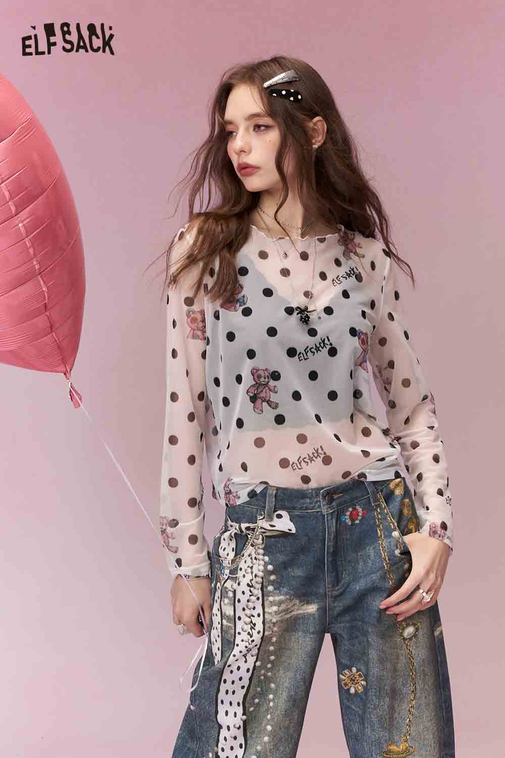 ELFSACK Sweet Casual All Over Print Long Sleeve TShirt