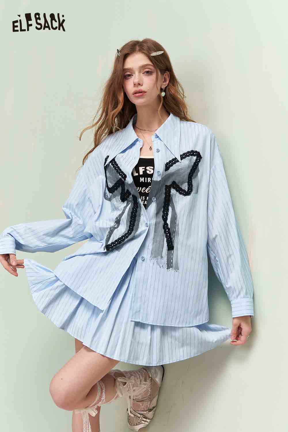 ELFSACK Preppy Blue Striped Shirt & Skirt Set
