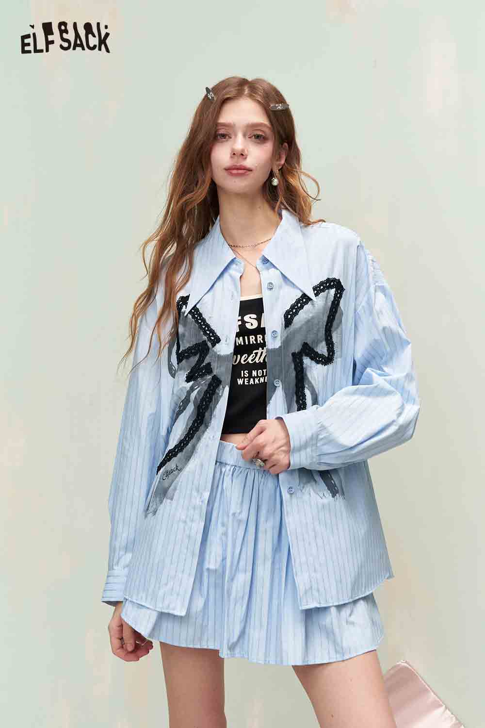 ELFSACK Preppy Blue Striped Shirt & Skirt Set