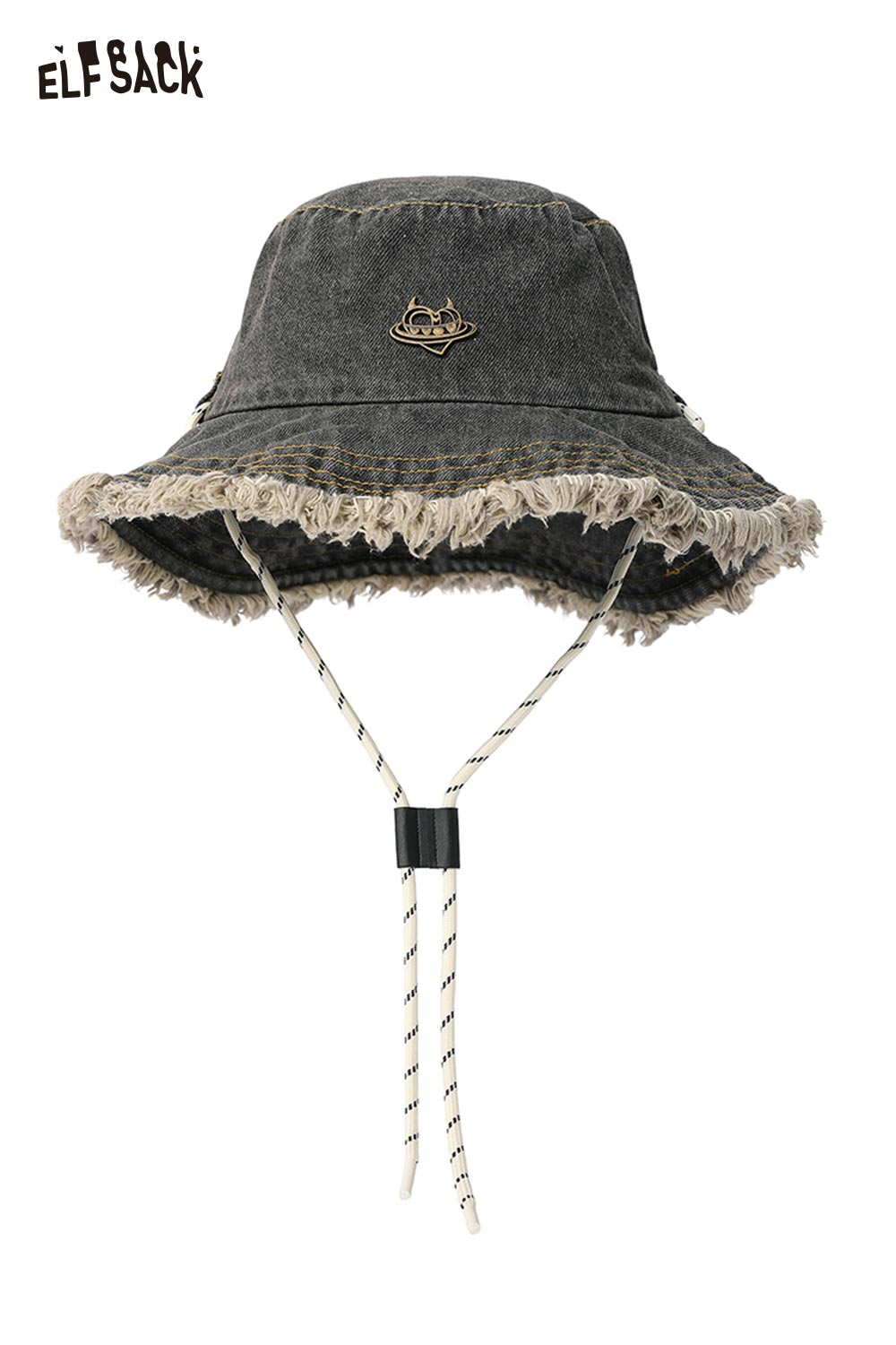 ELFSACK Vintage Denim Raw-Edge Fisherman Hat Daily Fashion Versatile with Windproof Cord Sunshade