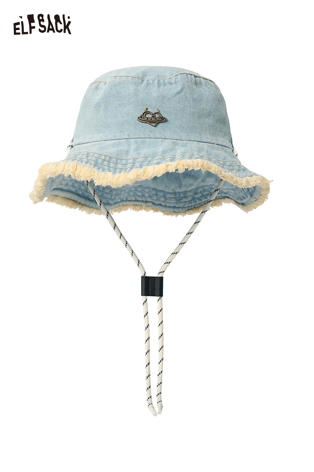 ELFSACK Vintage Denim Raw-Edge Fisherman Hat Daily Fashion Versatile with Windproof Cord Sunshade