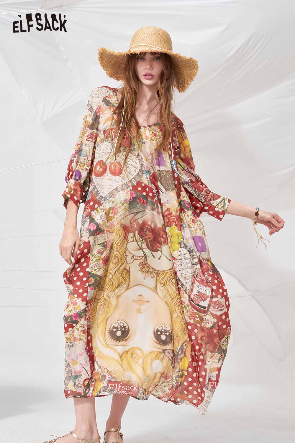 ELFSACK Cherry Girl Patchwork Maxi Dress