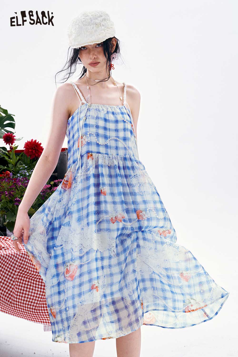 ELFSACK Gingham Beaded Strap Linen Midi Dress