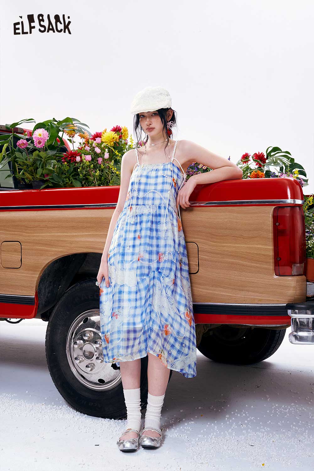 ELFSACK Gingham Beaded Strap Linen Midi Dress