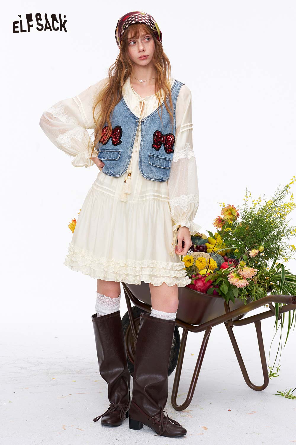 ELFSACK Boho Lace Ruffle Flowy Chiffon Mini Dress