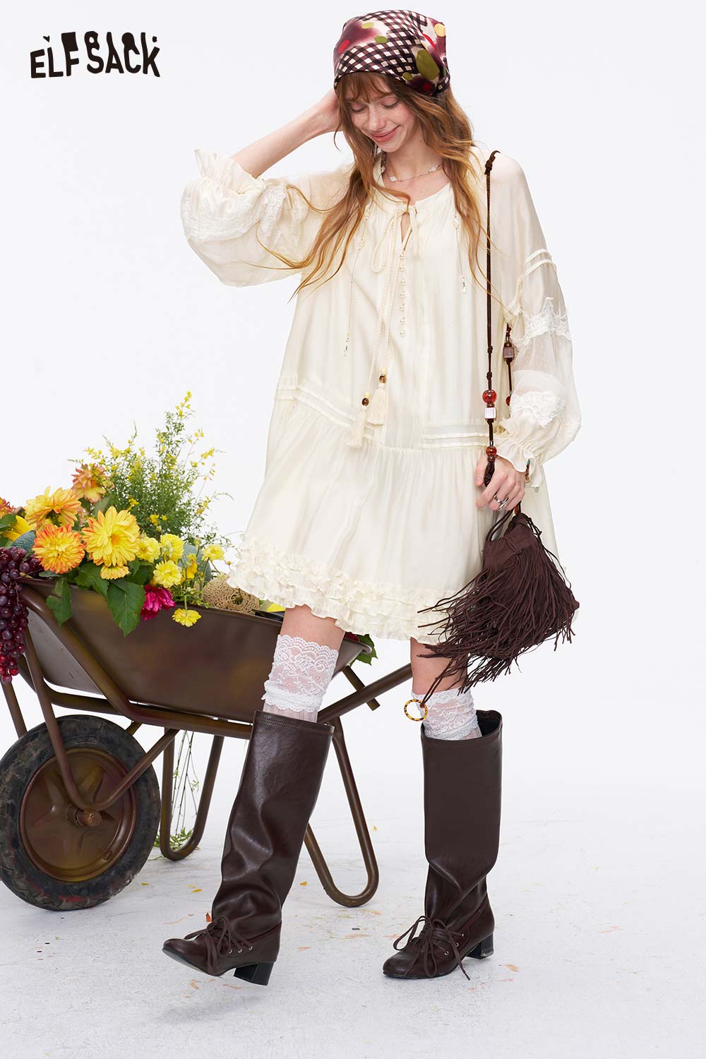 ELFSACK Boho Lace Ruffle Flowy Chiffon Mini Dress