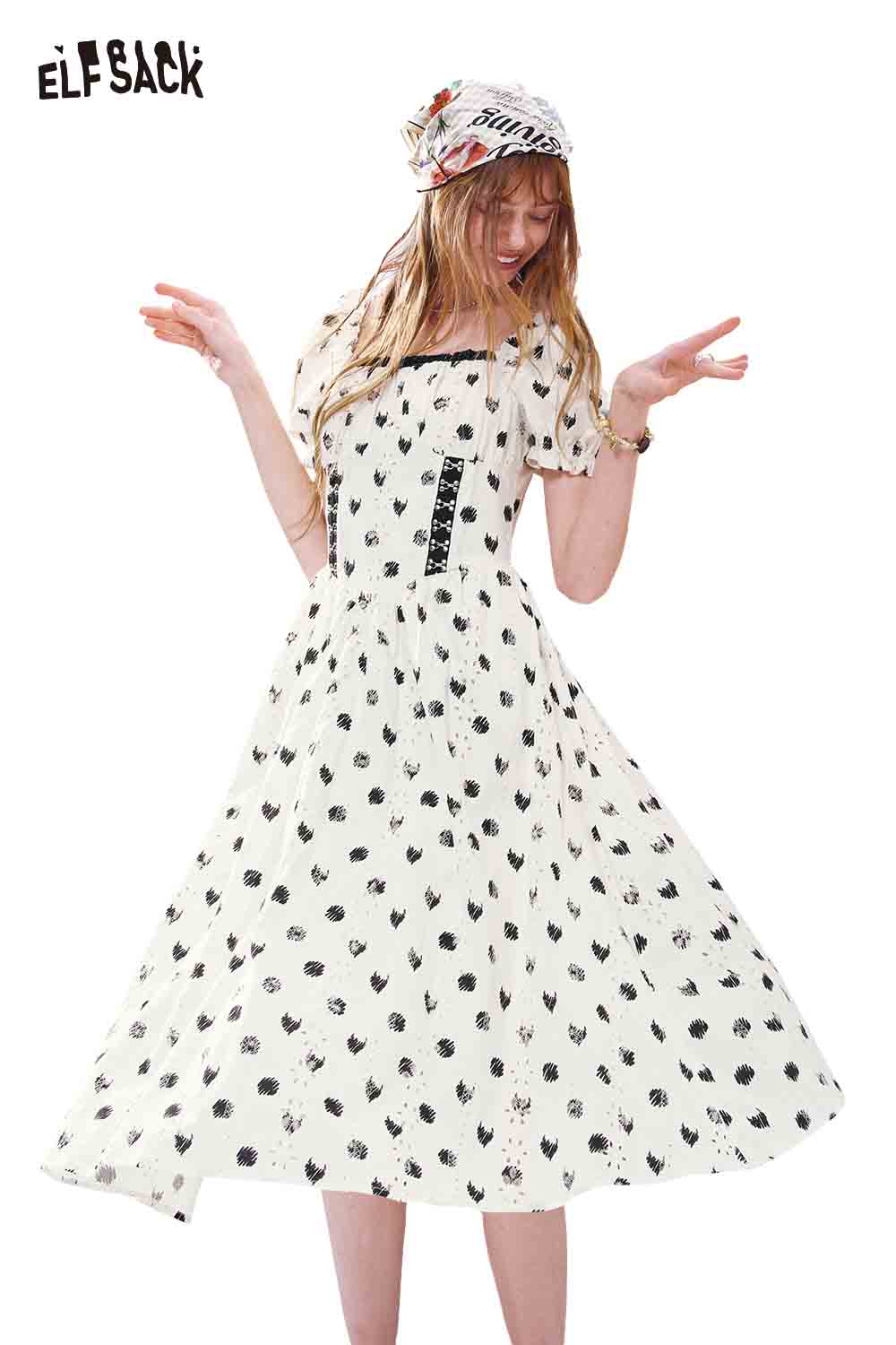 ELFSACK Embroidered Dot Puff Sleeve Midi Dress
