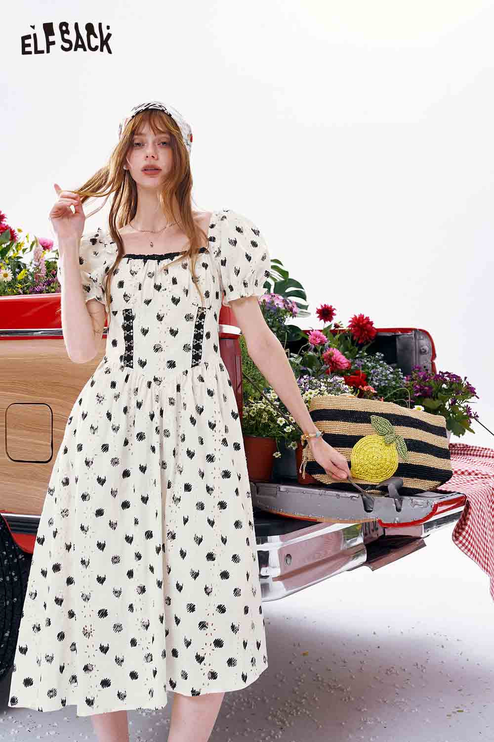 ELFSACK Embroidered Dot Puff Sleeve Midi Dress