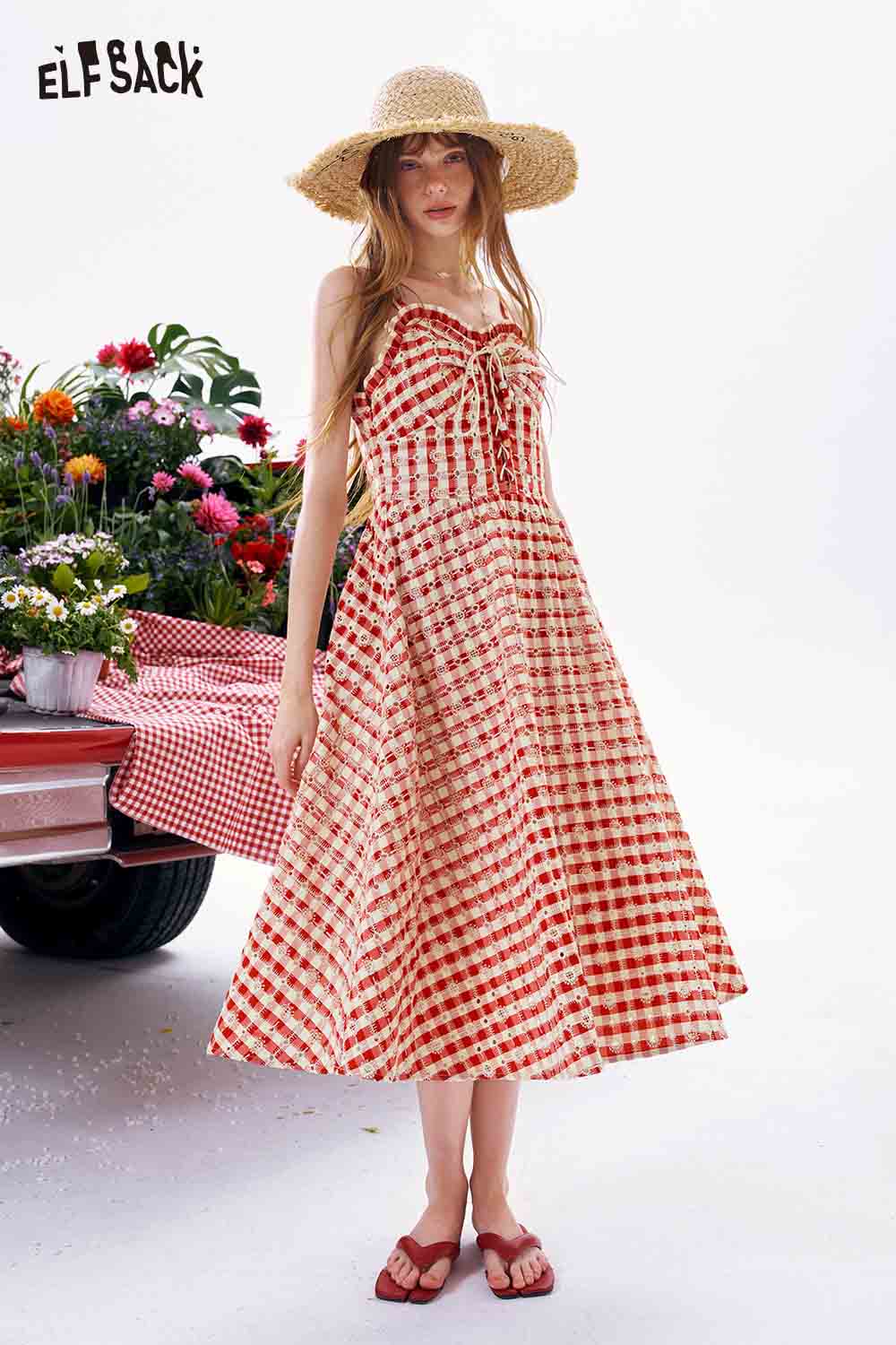 ELFSACK Red Gingham Beaded Tie A-Line Midi Dress