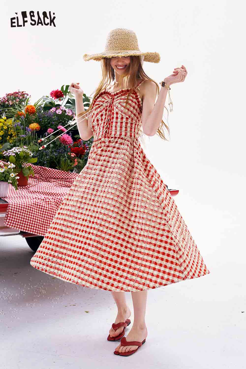 ELFSACK Red Gingham Beaded Tie A-Line Midi Dress