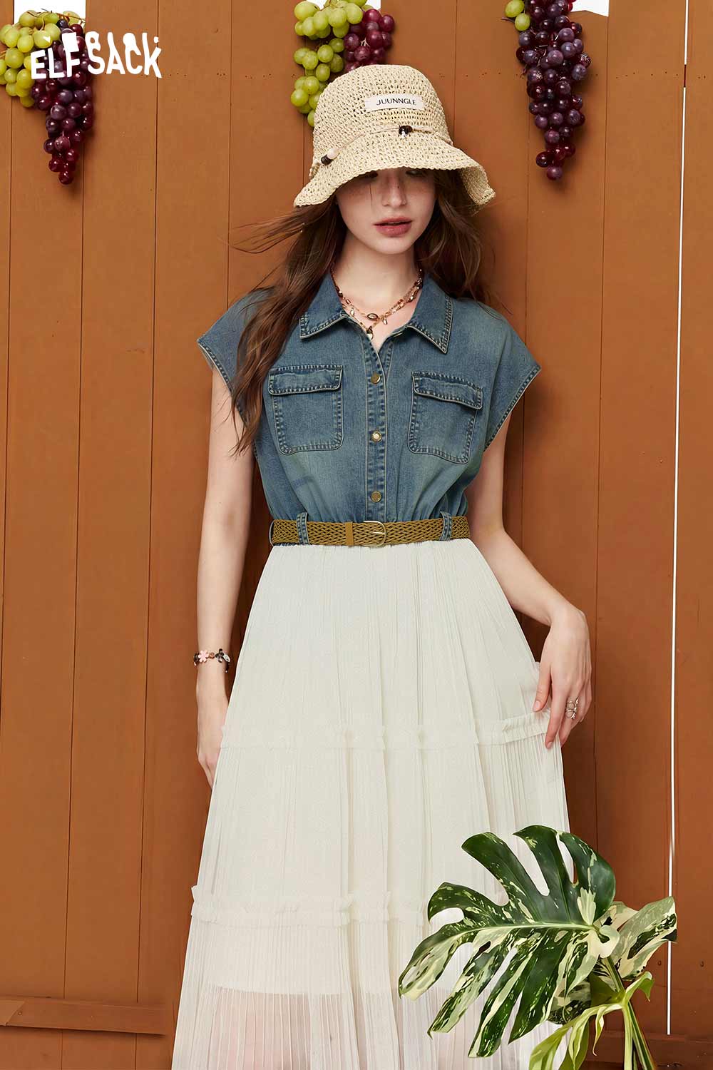 ELFSACK Denim Chiffon Patchwork Dress