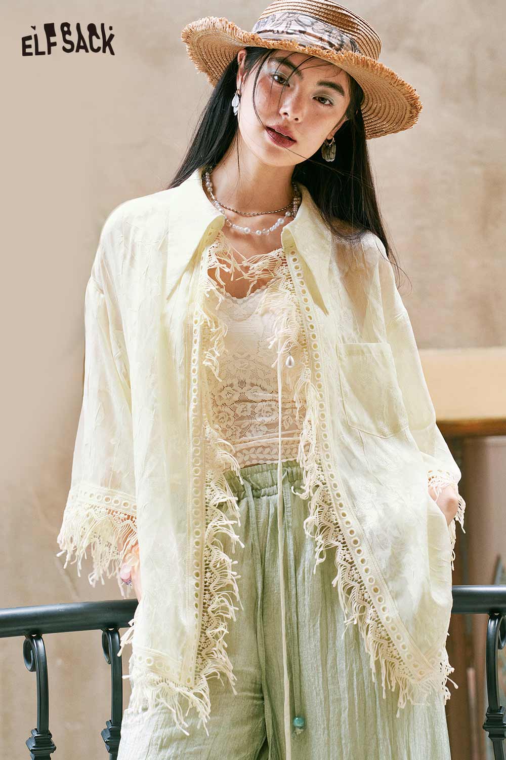 ELFSACK Sheer Lace Tassel Trim 3/4 Sleeve Blouse
