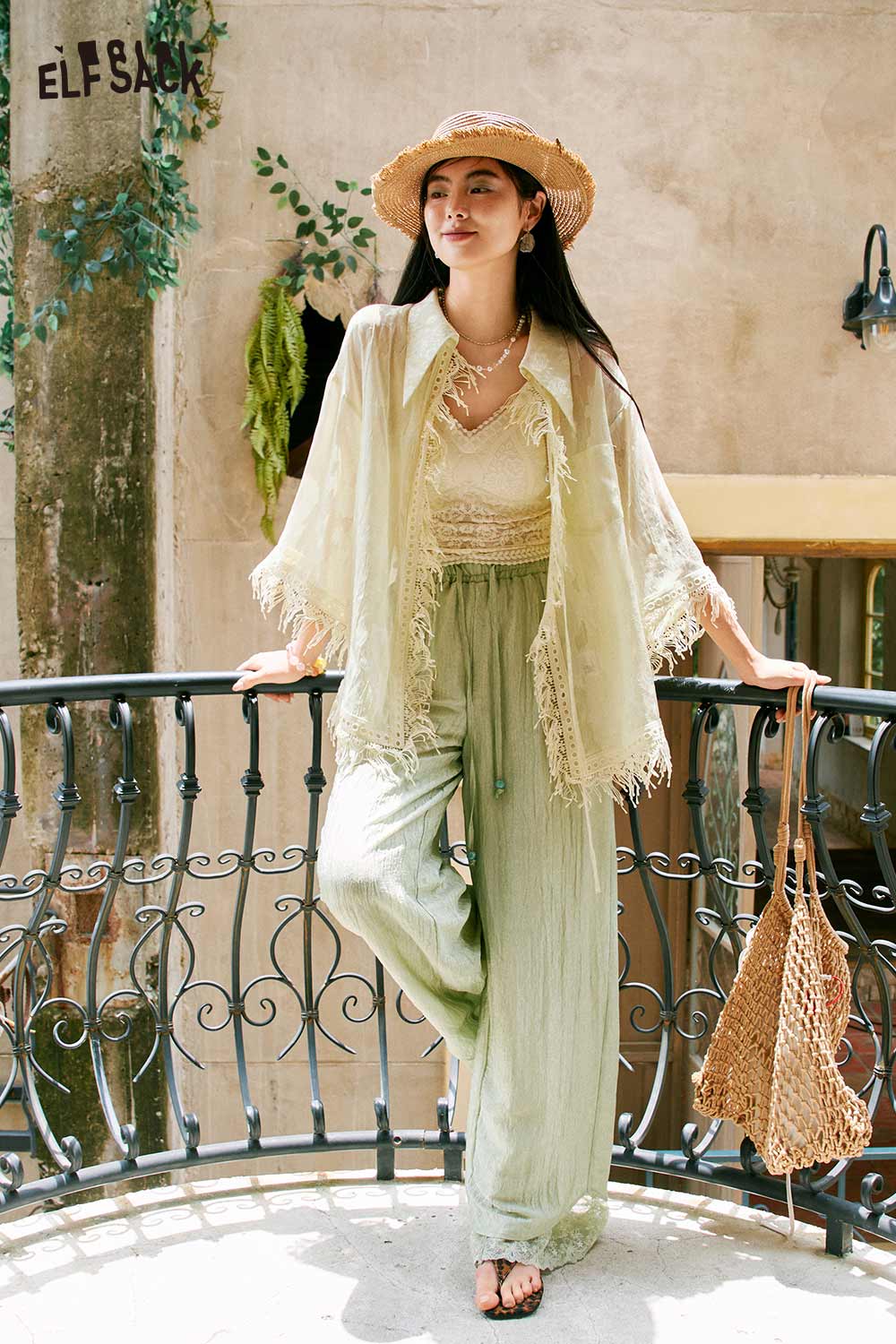 ELFSACK Sheer Lace Tassel Trim 3/4 Sleeve Blouse