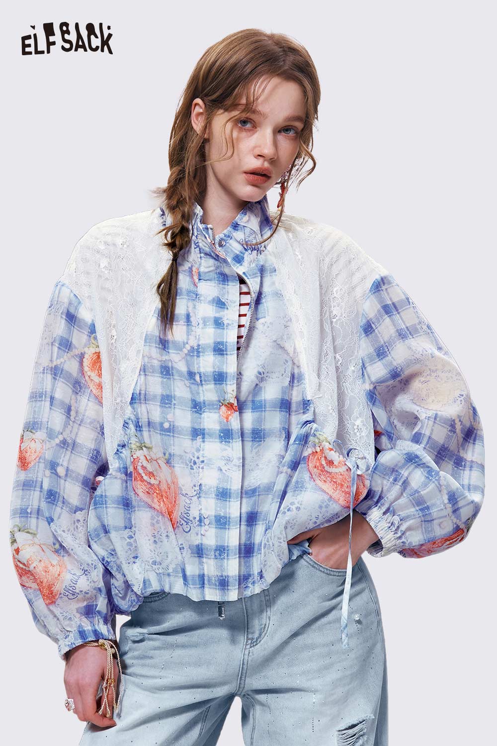 ELFSACK Strawberry Plaid Lace Patchwork Jacket