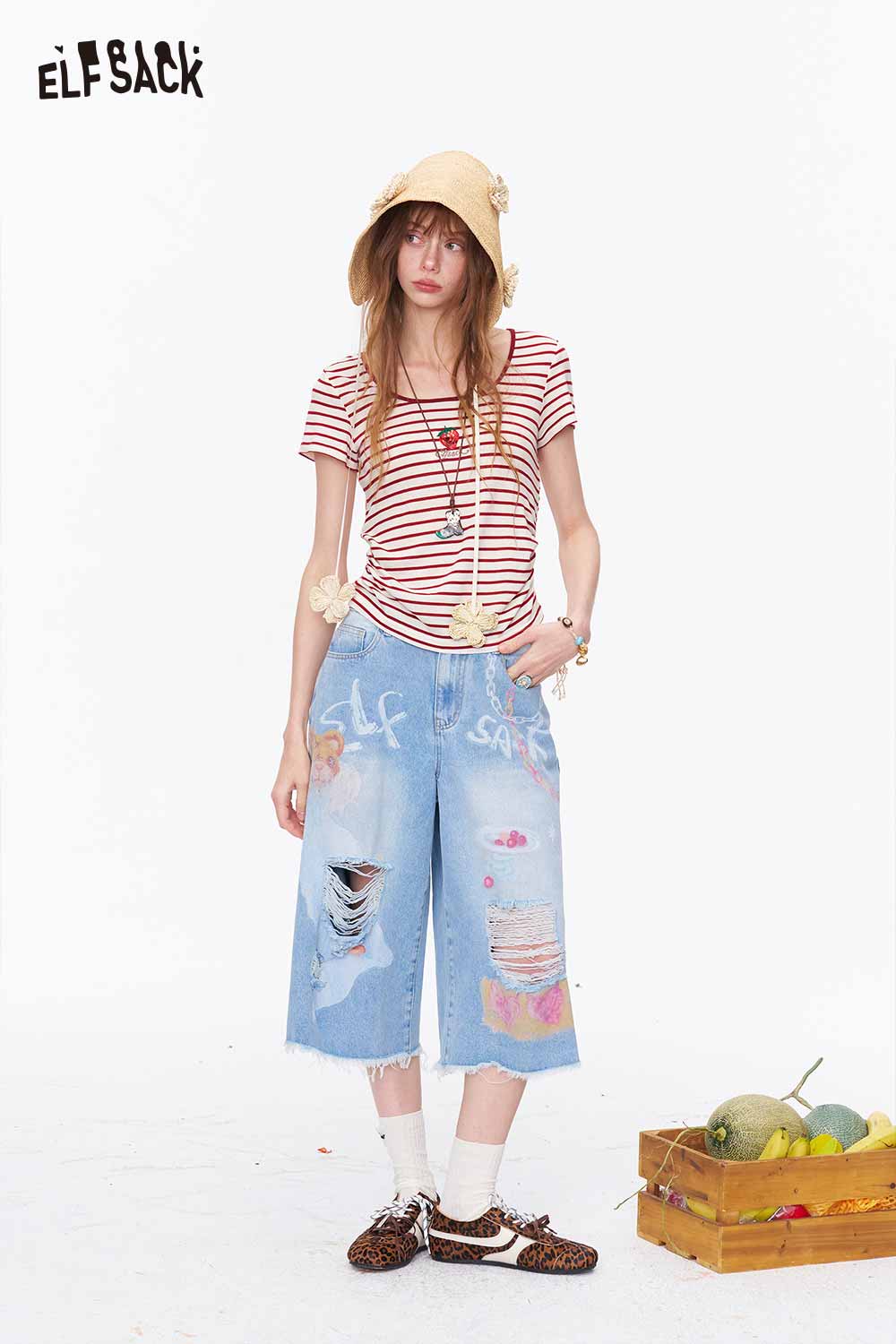 ELFSACK Red Striped Strawberry Embroidery Square Neck Tee