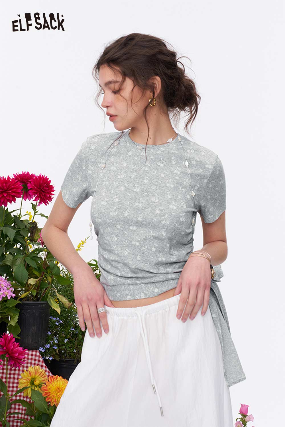 ELFSACK Floral Print Ruched Slim Fit T-Shirt