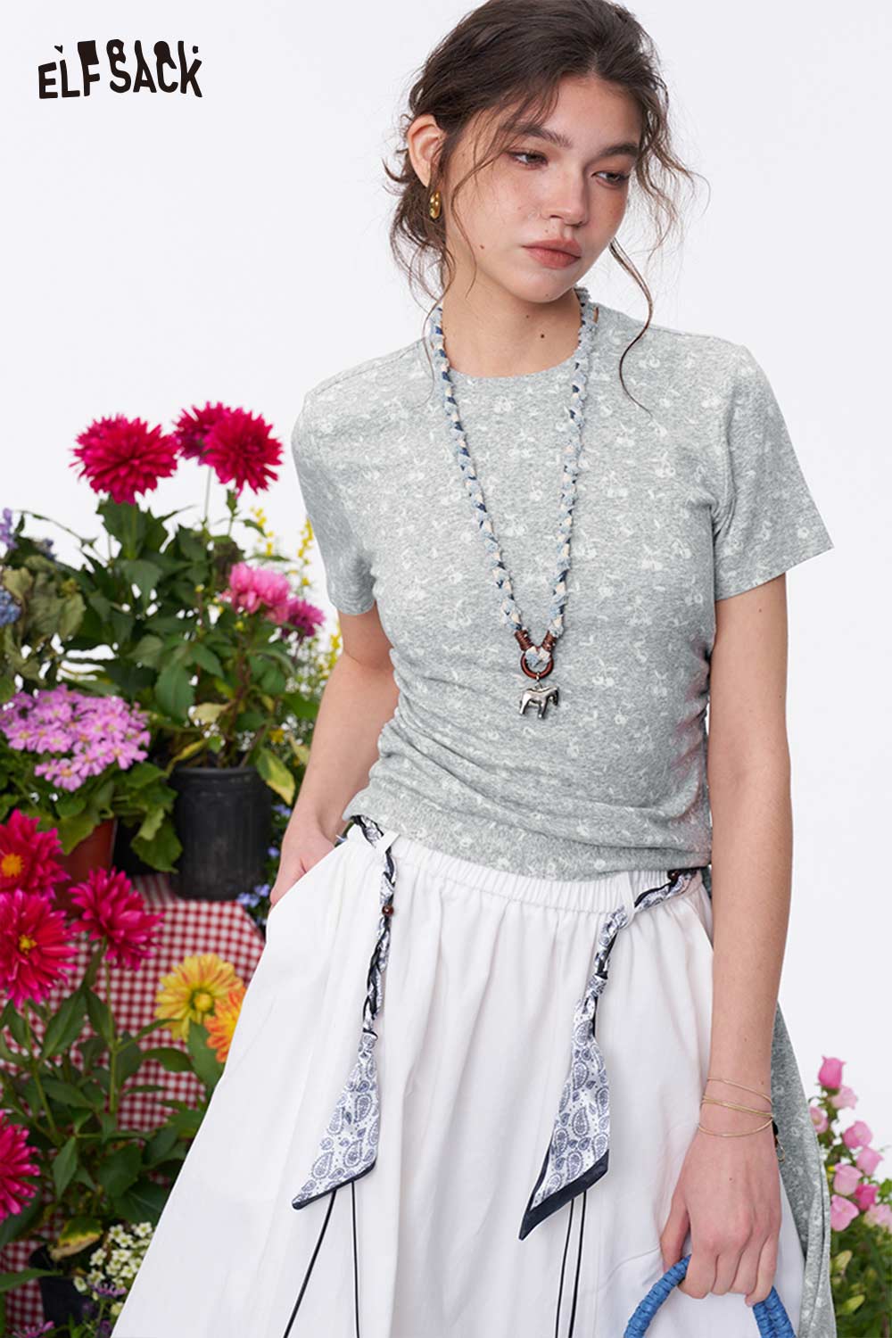 ELFSACK Floral Print Ruched Slim Fit T-Shirt