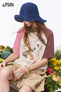 ELFSACK Colorblock Raglan Graphic Print T-Shirt