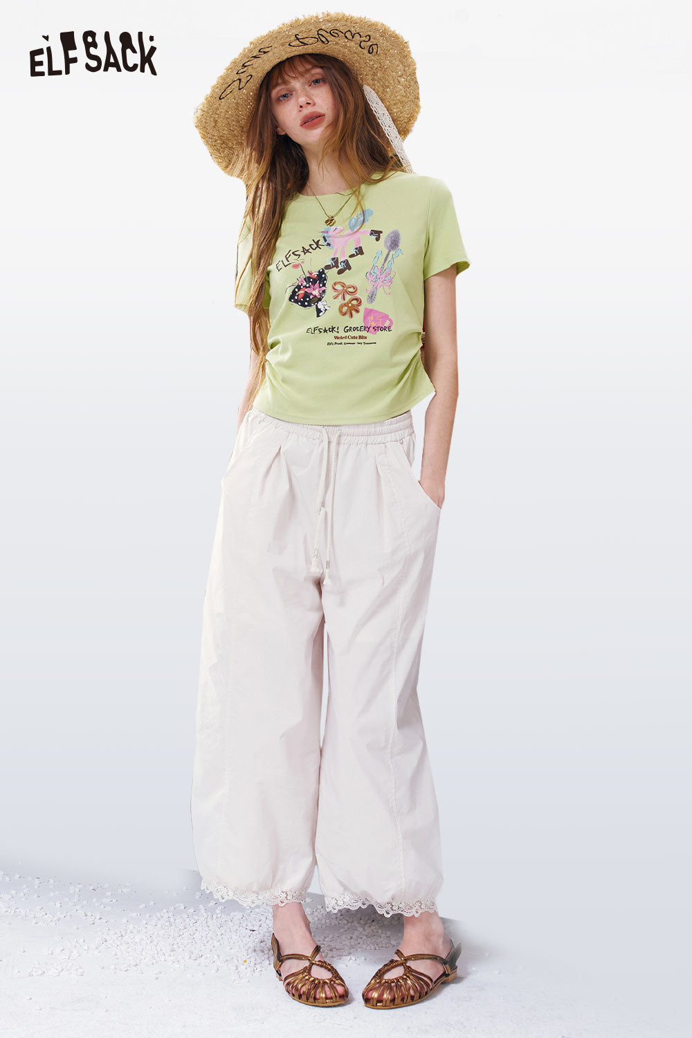 ELFSACK Graphic Print Ruched Waist Slim T-Shirt