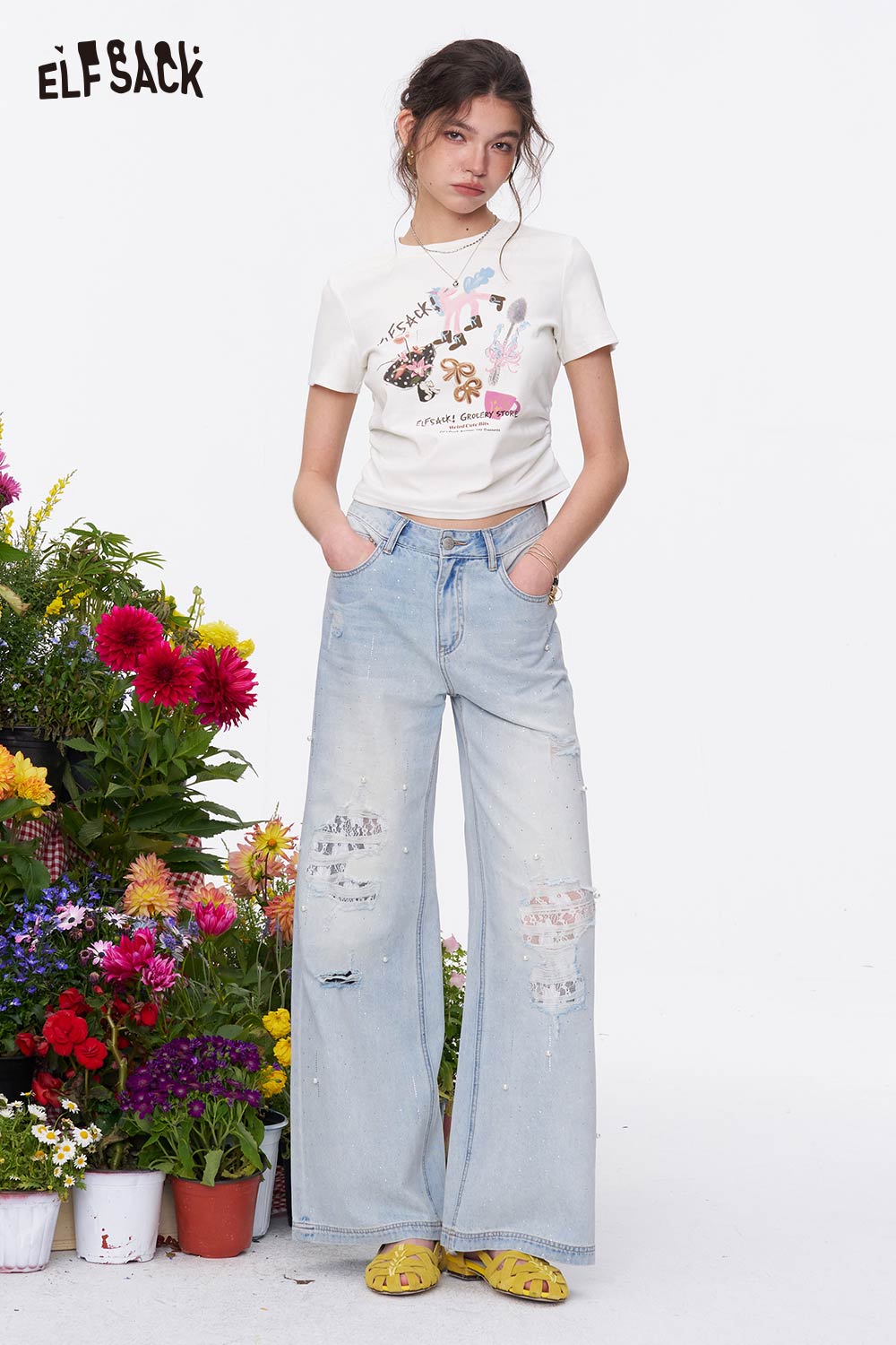 ELFSACK Graphic Print Ruched Waist Slim T-Shirt
