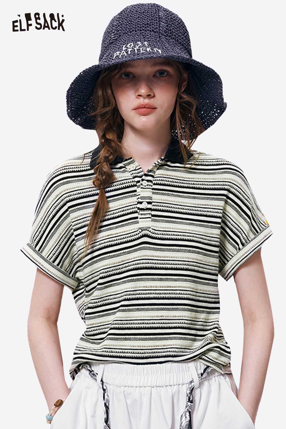 ELFSACK Striped Contrast Collar Knit Polo Shirt