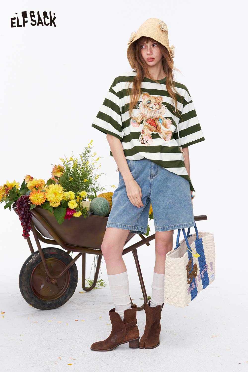 ELFSACK Striped Bear Print Oversized Loose Tee