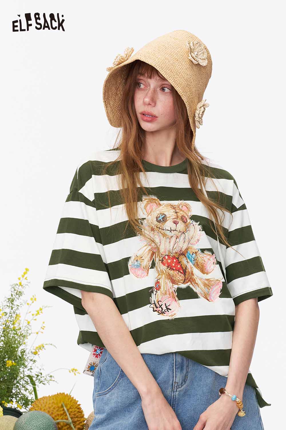 ELFSACK Striped Bear Print Oversized Loose Tee
