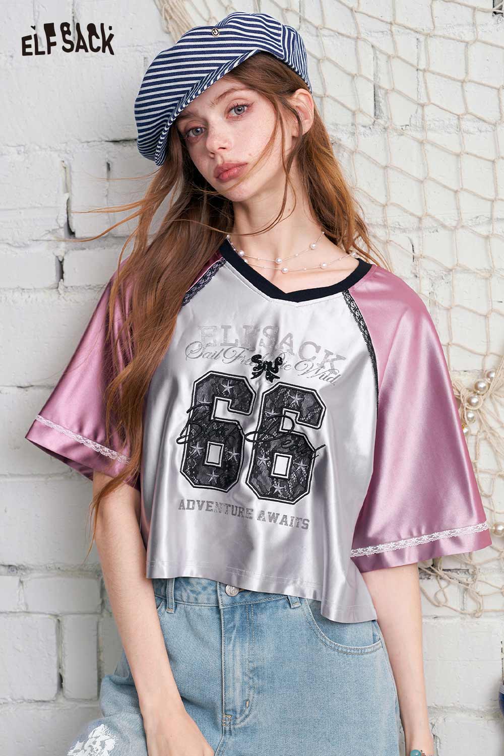 ELFSACK 66 Print V-Neck Raglan Cropped Baseball Tee