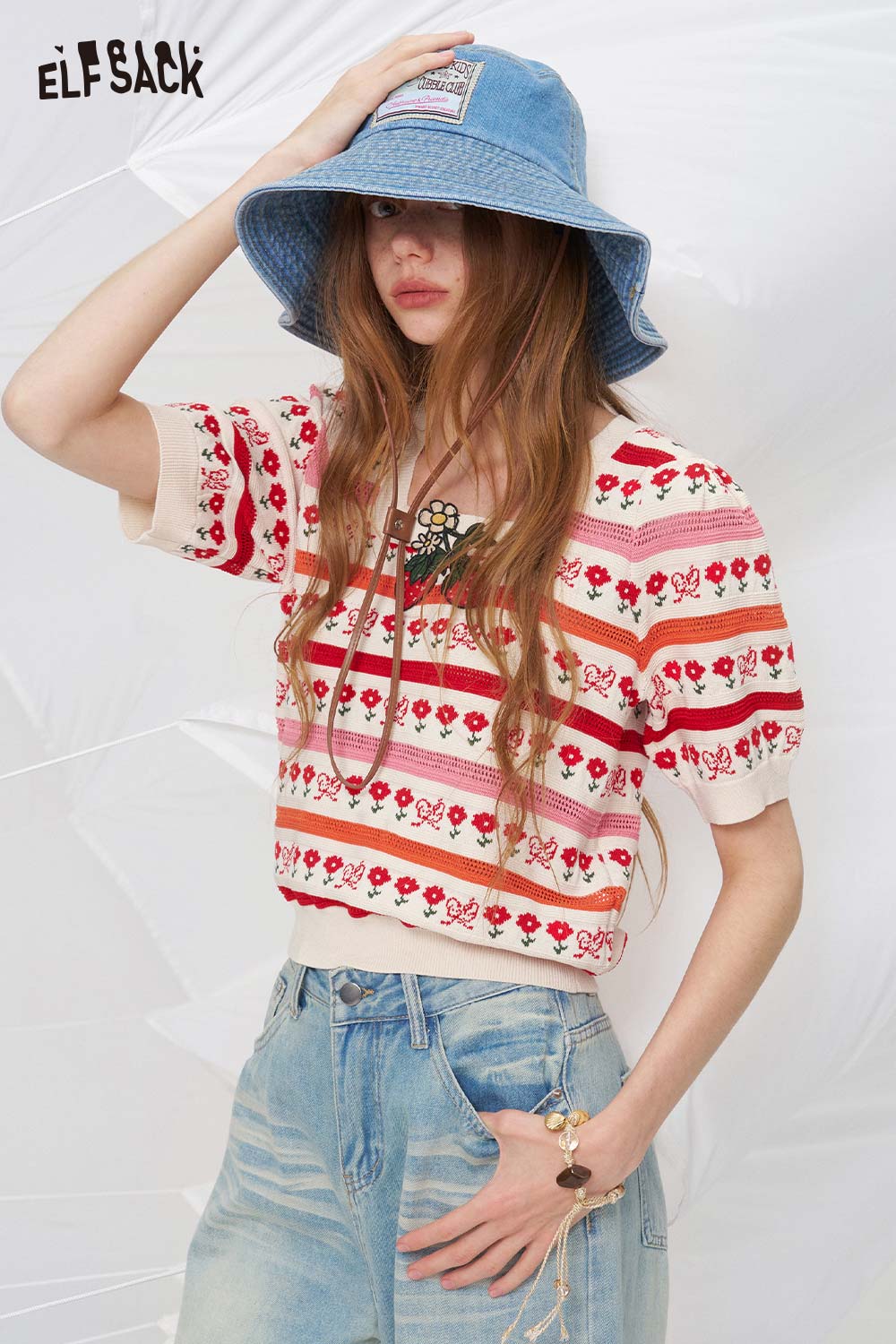 ELFSACK Strawberry Flower Striped Puff Sleeve Knitted Top