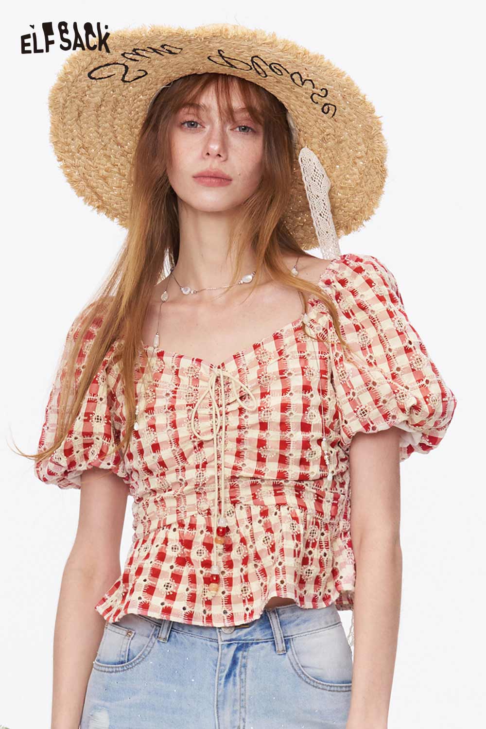 ELFSACK Gingham Lace Smocked Puff Sleeve Crop Top