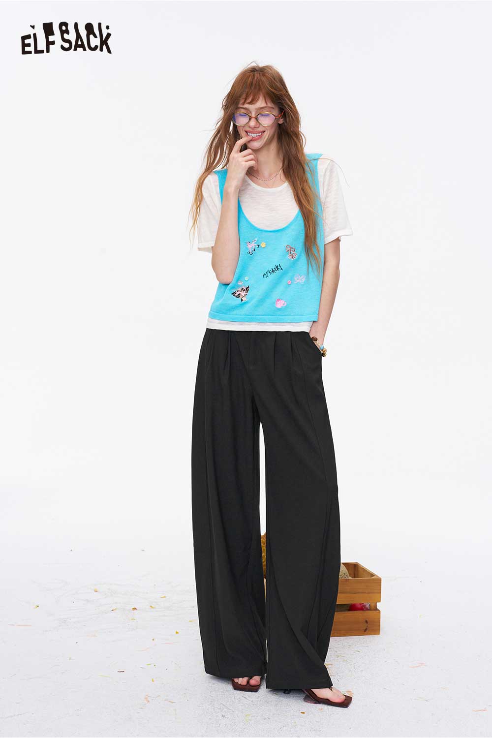 ELFSACK High Waist Pleated Wide Leg Trousers
