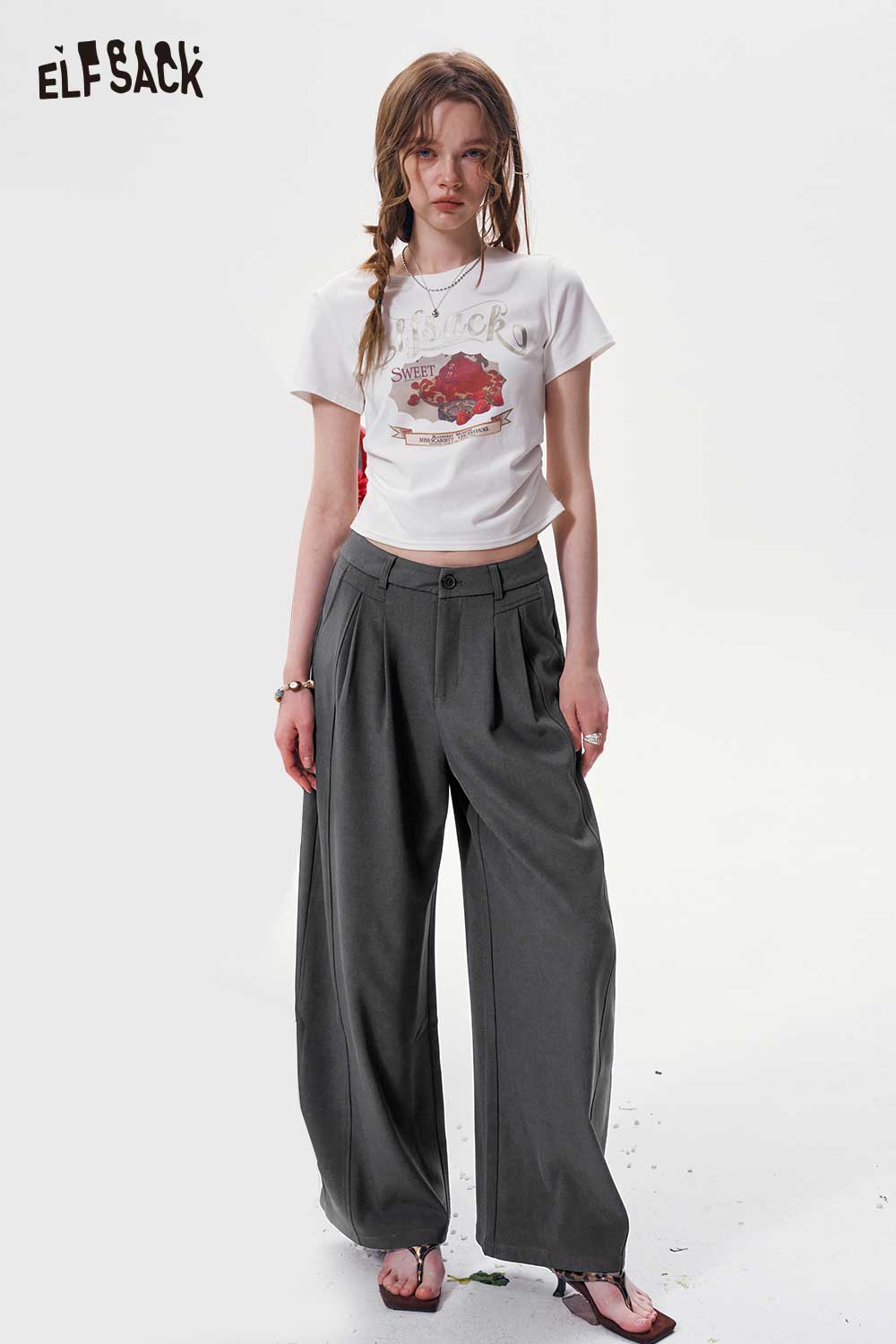 ELFSACK High Waist Pleated Wide Leg Trousers