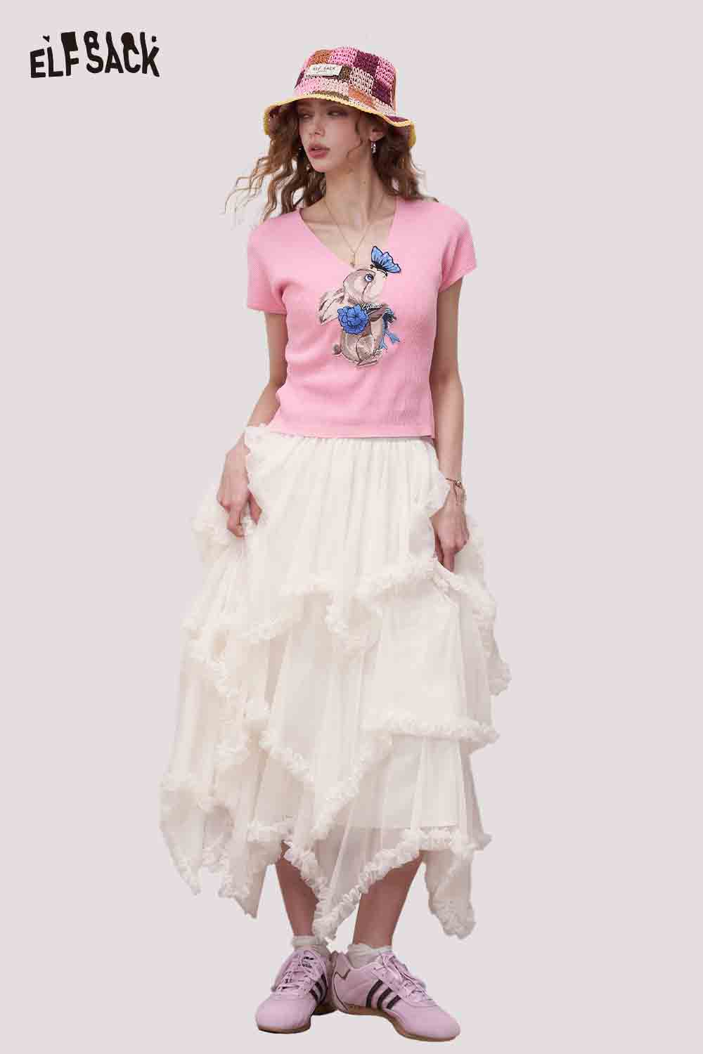 ELFSACK Multi-Layer White Mesh Skirt Spring/Summer New Sweet Vacation Style Long Skirt