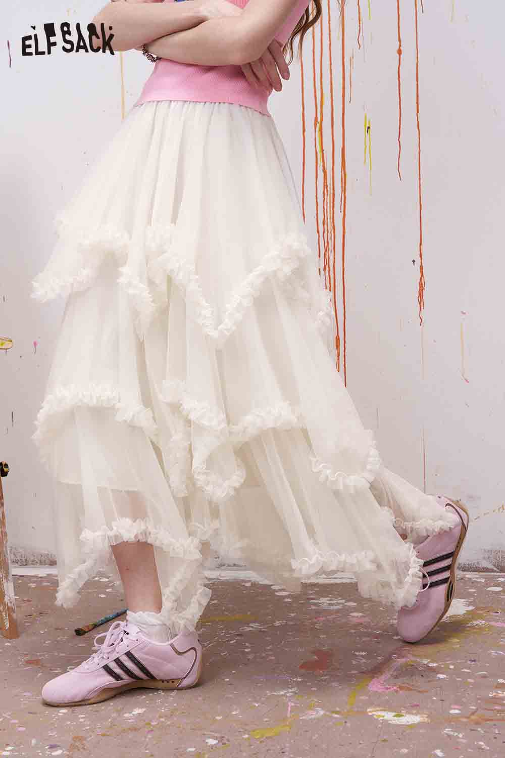 ELFSACK Multi-Layer White Mesh Skirt Spring/Summer New Sweet Vacation Style Long Skirt